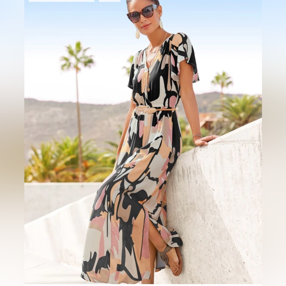VENUS WRAP STYLE MAXI DRESS WITH ELASTIC WAIST AND FLUTTER SLEEVES